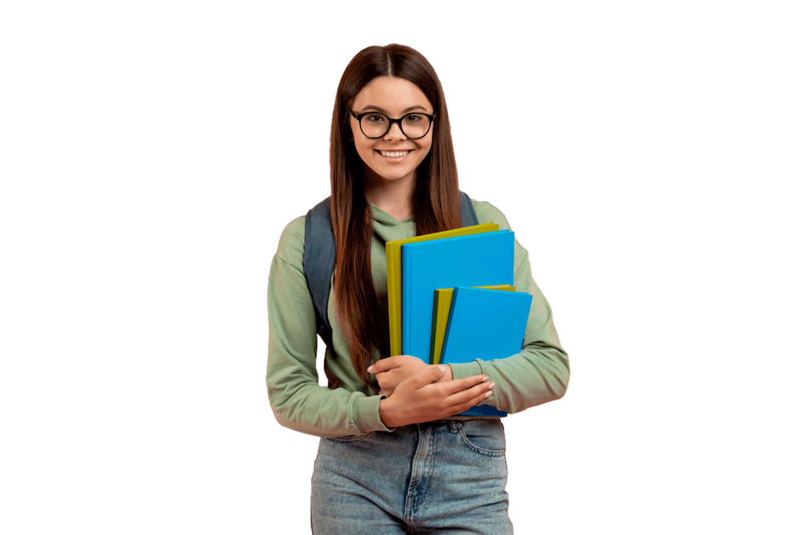 student eith glasses smiling holding books