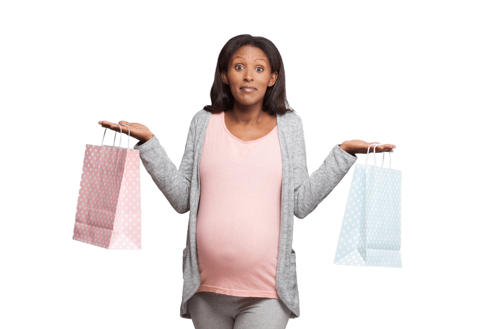 Pregnant woman holding two gift bags with an unsure face