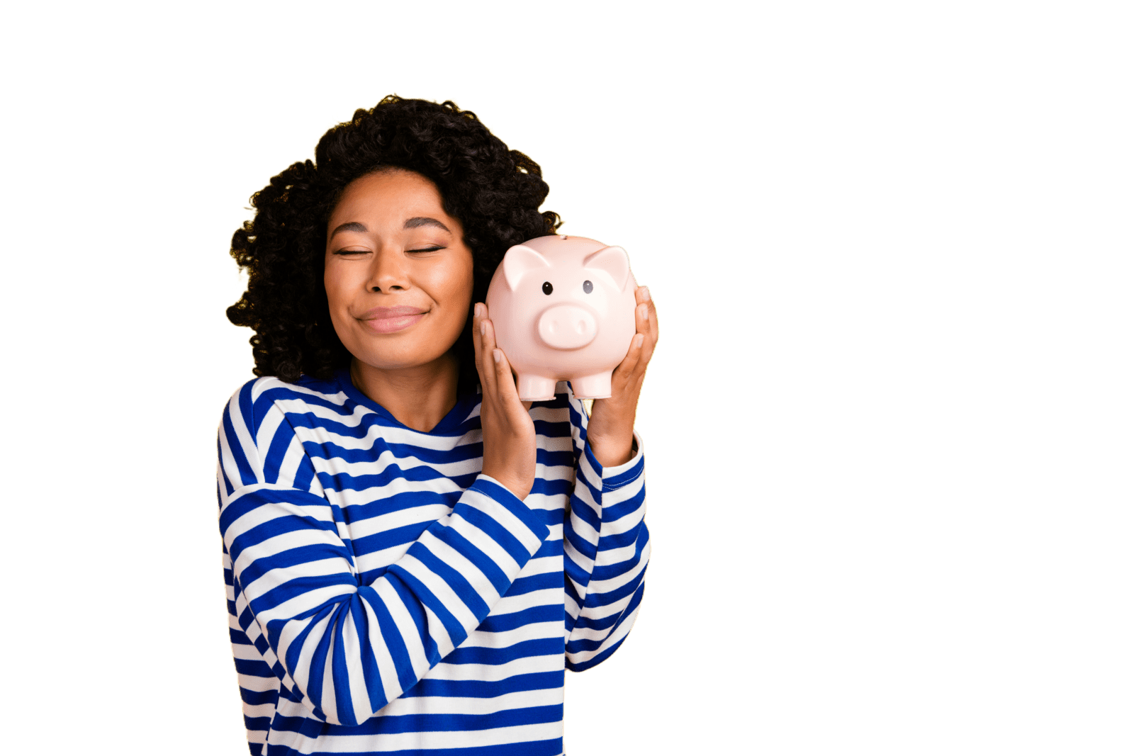 woman holding piggy bank close to face with a content expression