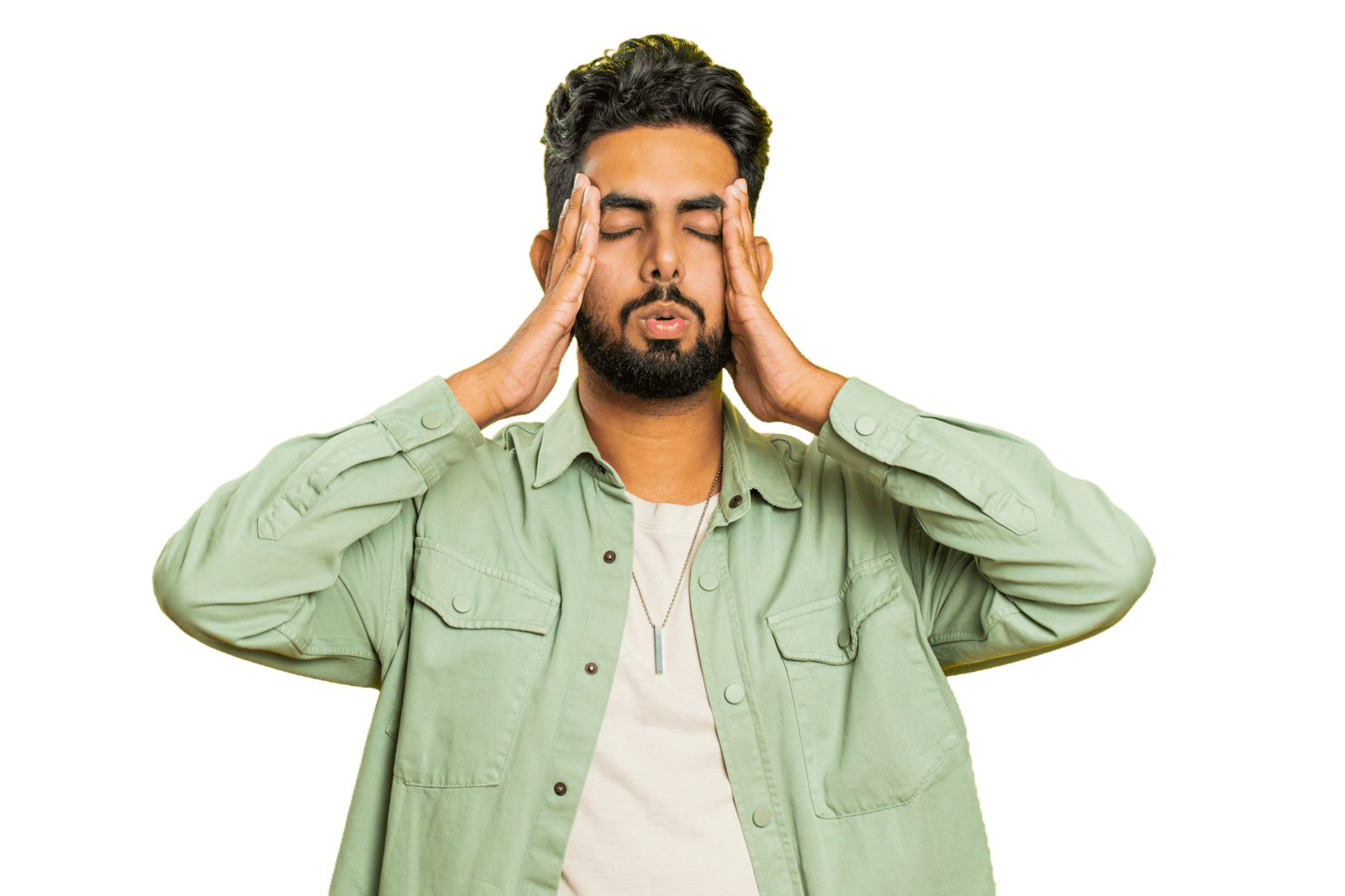 overwhelmed man exhaling with hands on temples