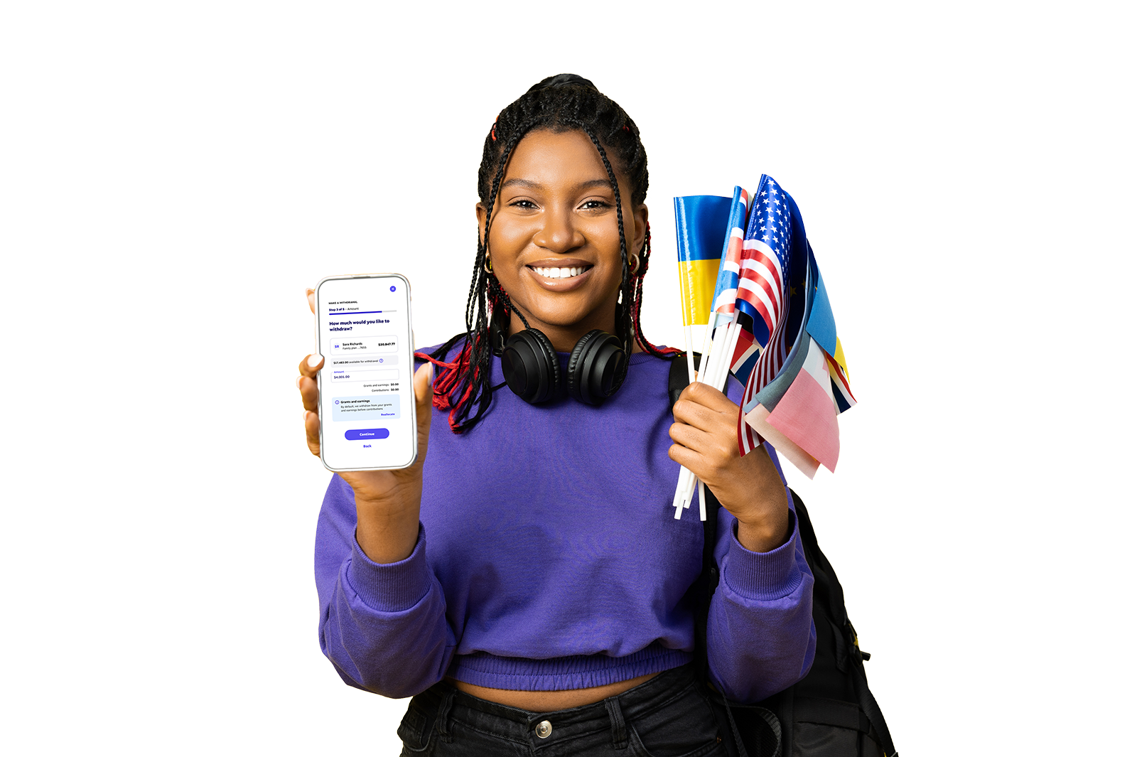girl holding phone and flags smiling. Phone displays money in RESP