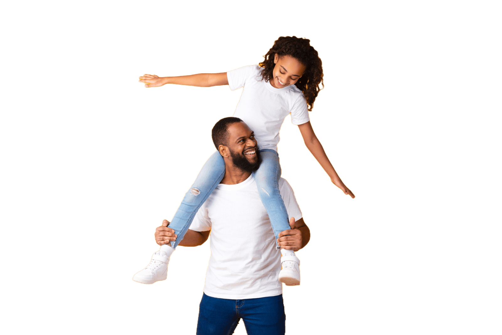 Father holding daughter on shoulders while she extends her arms as if to fly