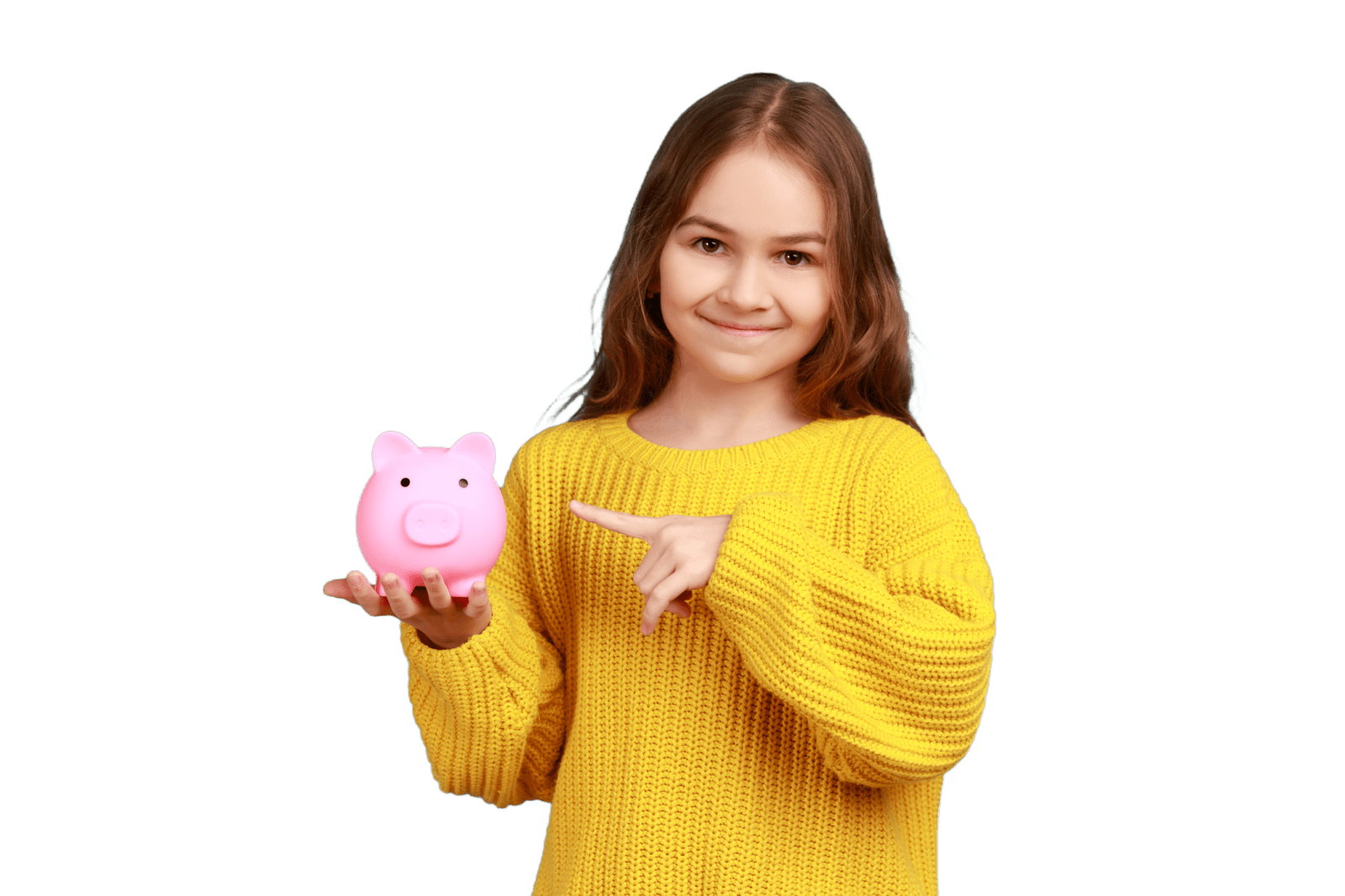 child in yellow sweater smiling and pointing toward piggy bank in hand