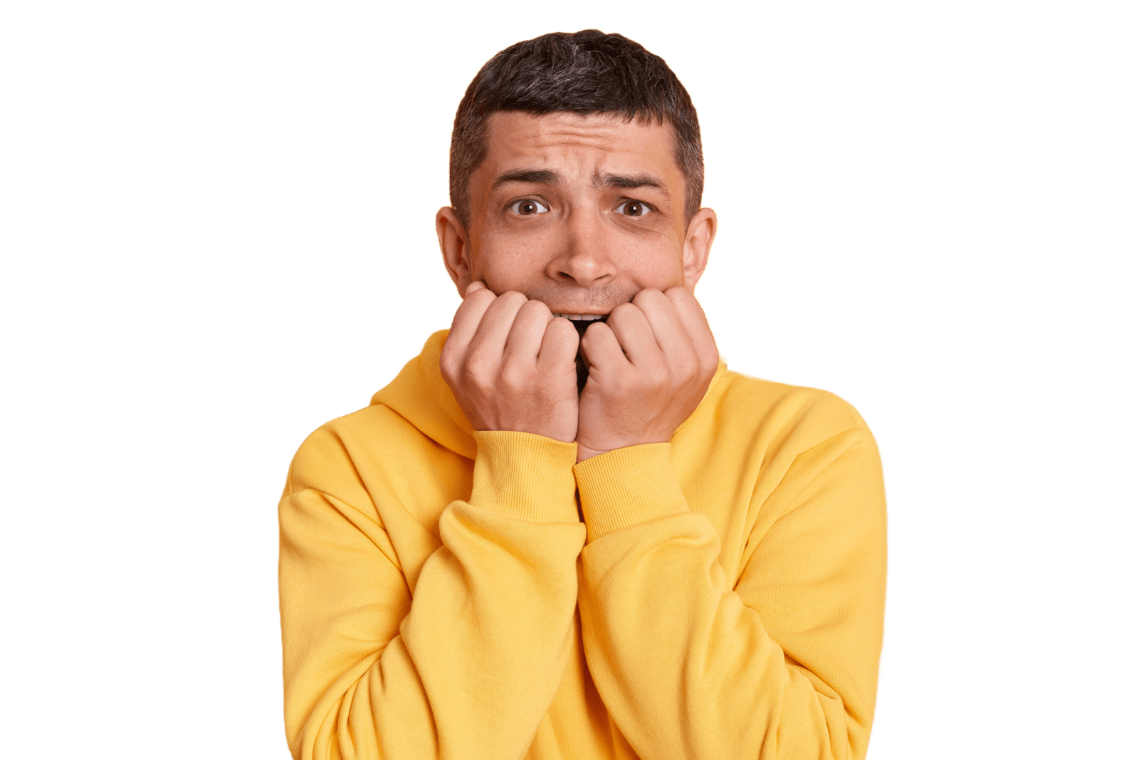 scared man in yellow sweater