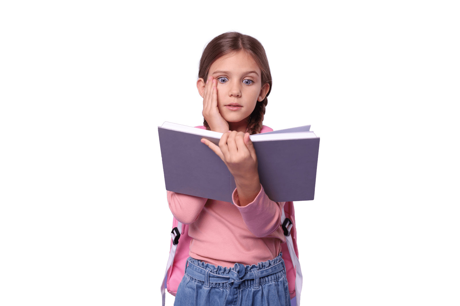 young girl with school book in hand with overwhelmed expression