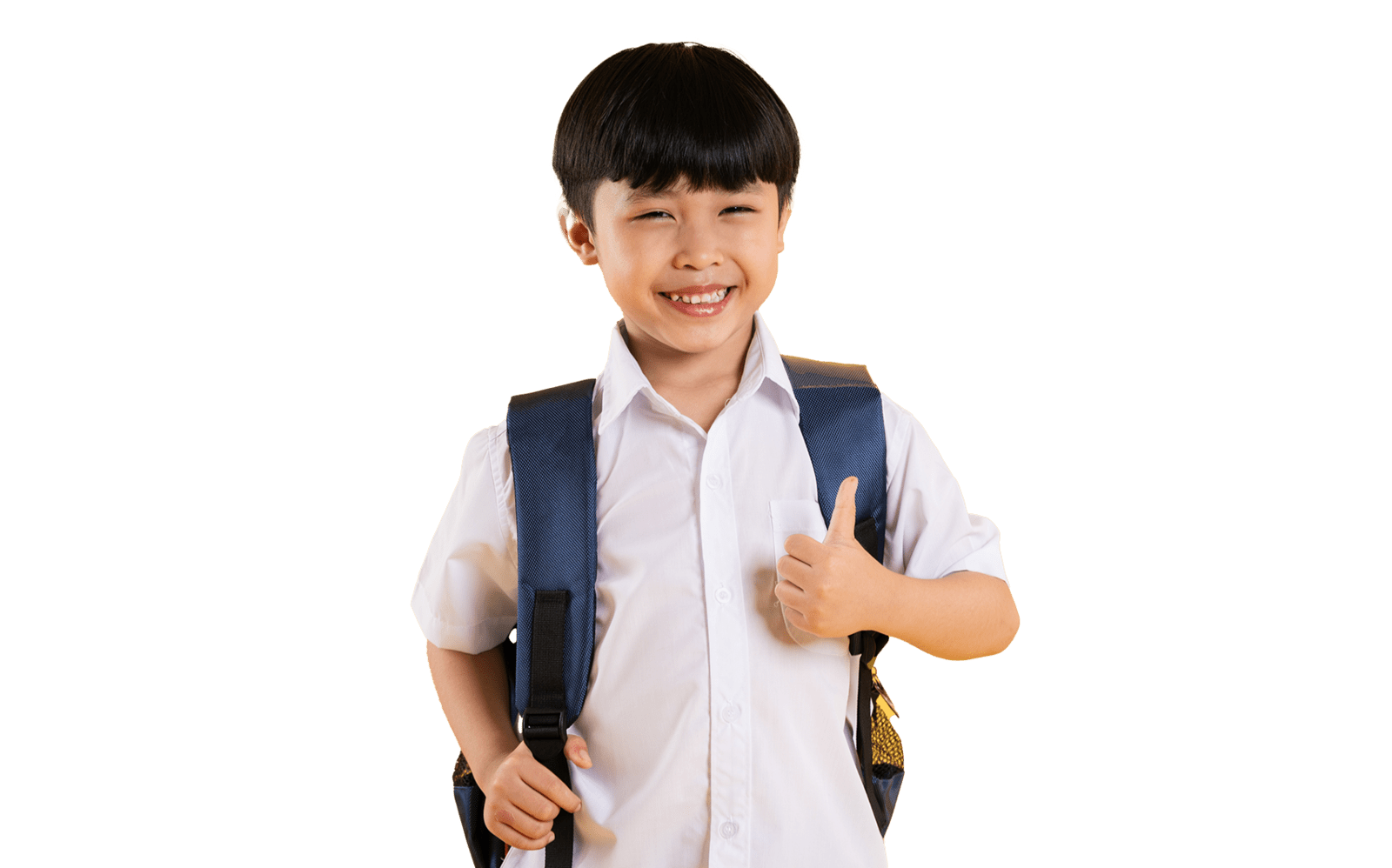 Young boy in white button up shirt with backpack giving a thumbs up smiling