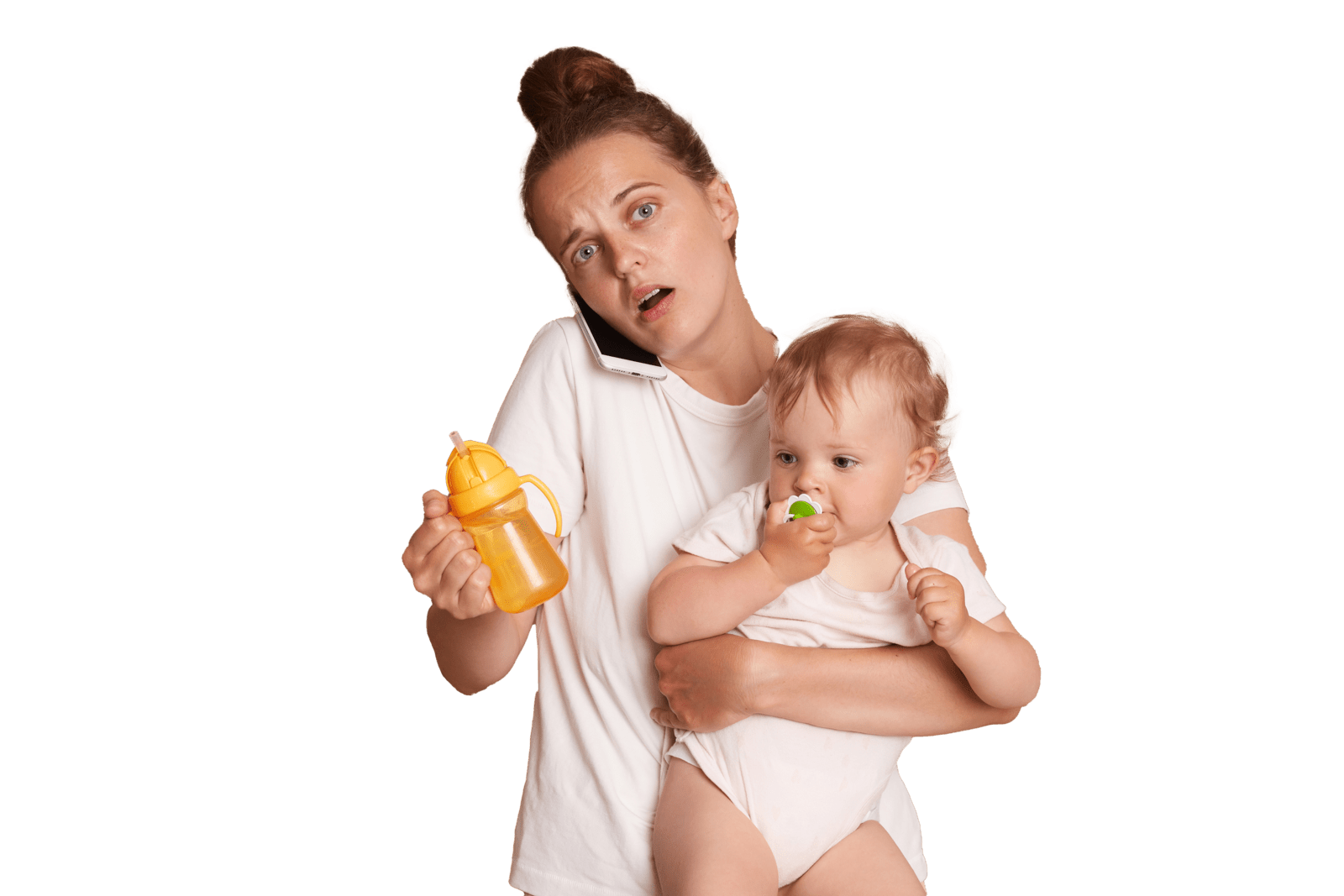 mother holding baby while talking on the phone and holding sippy cup