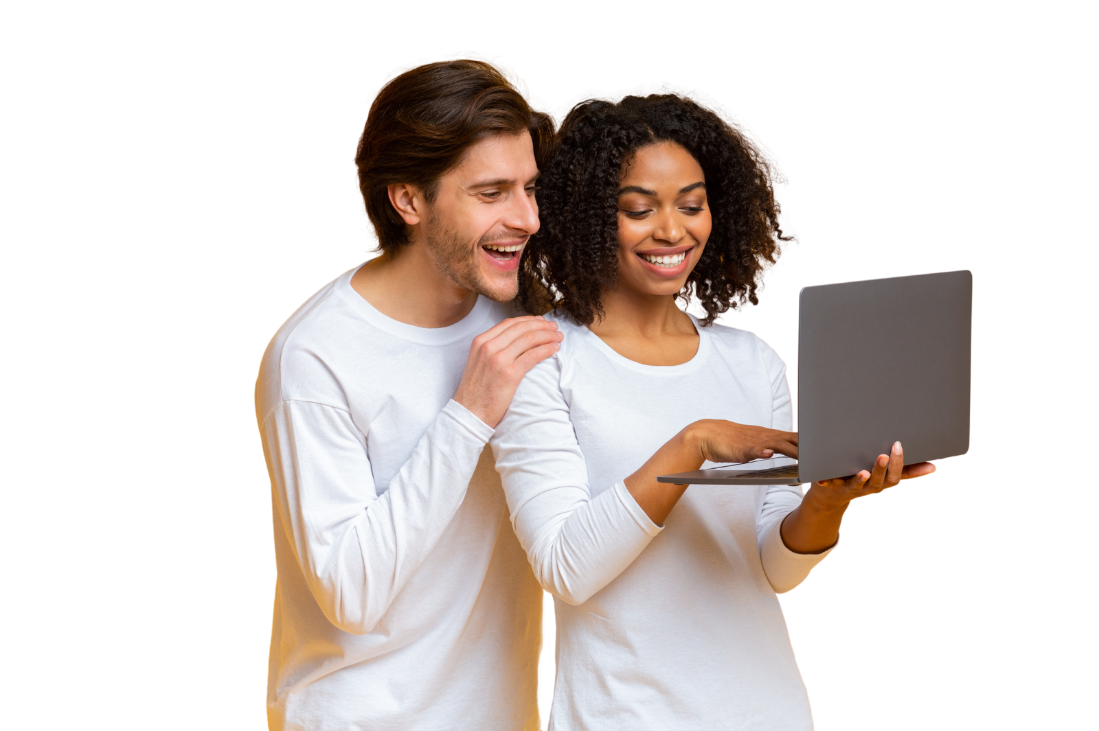 Man and Woman looking at budget on computer with excitement