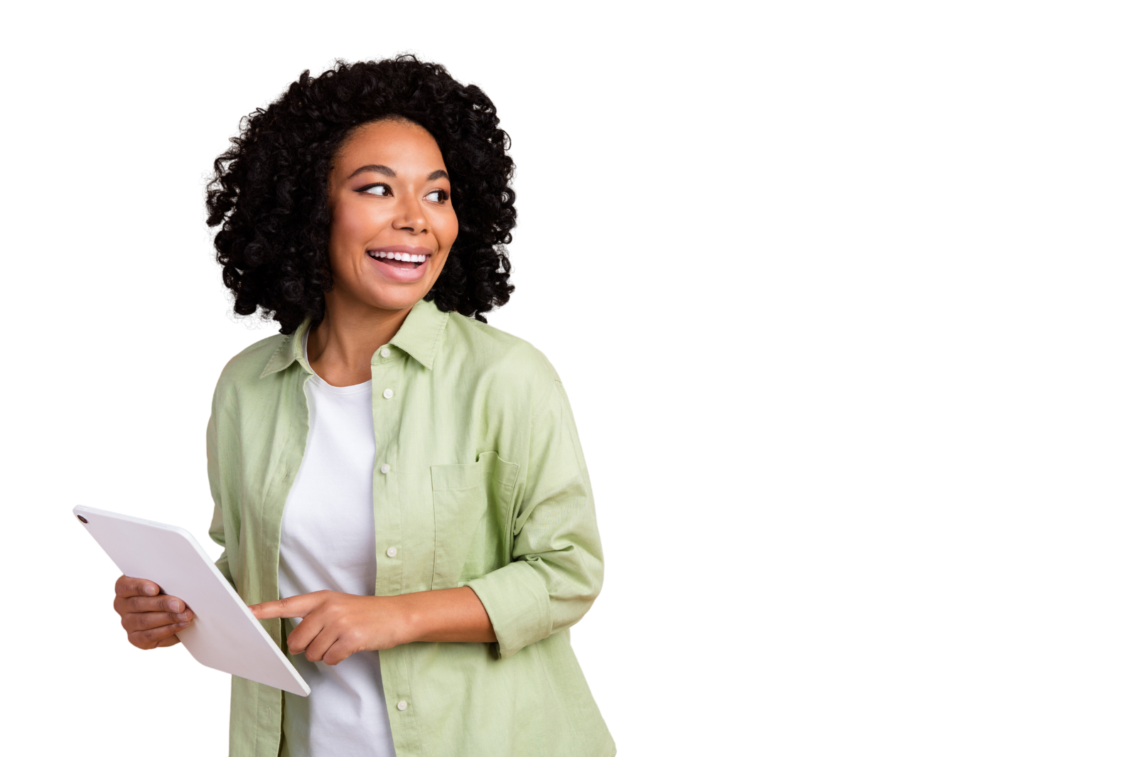 Woman smiling with checklist in hand looking over her shoulder