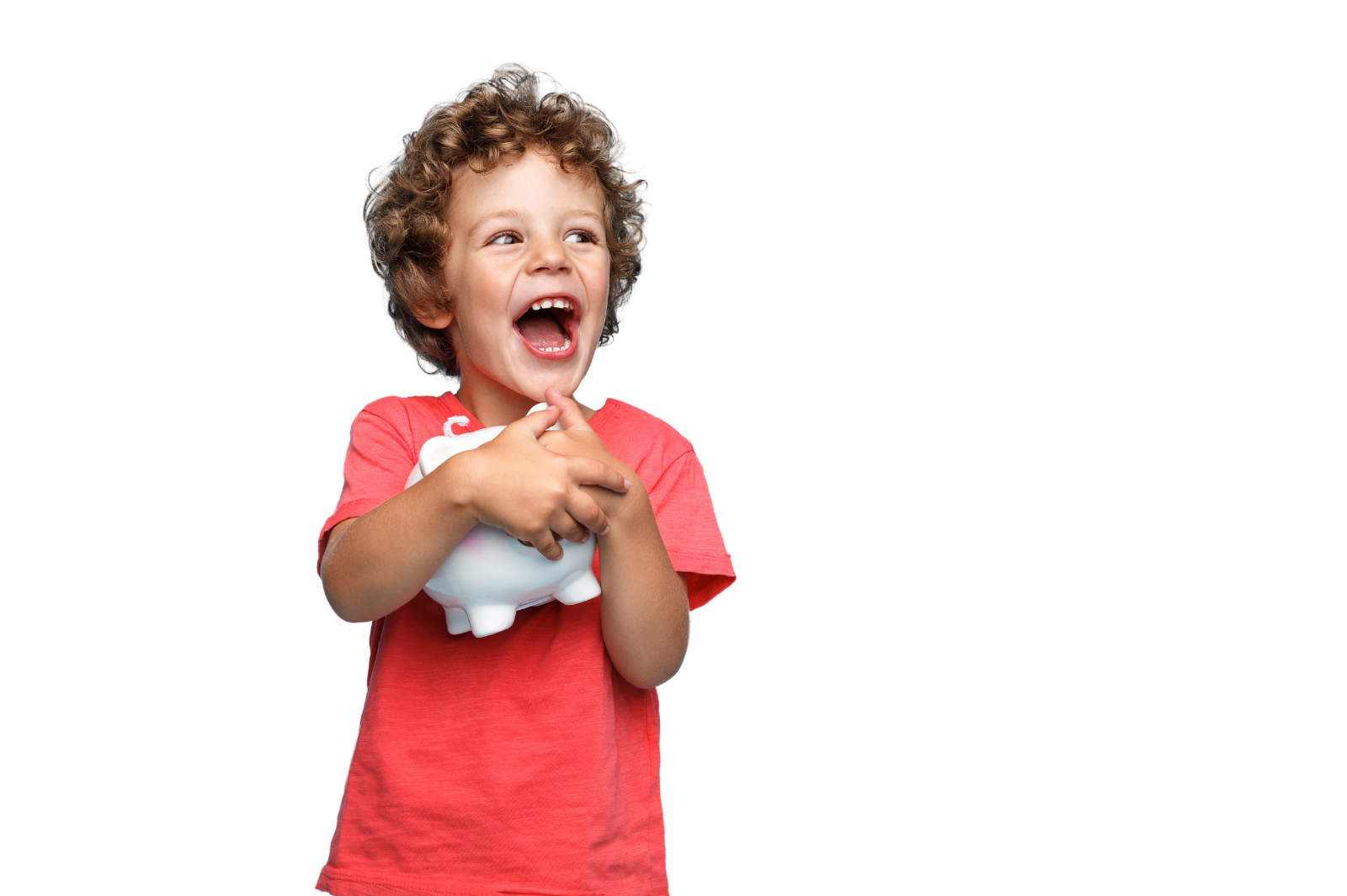 young boy excited to hold full piggybank