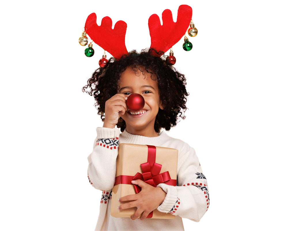 Young boy dressed as rudolph the reindeer and holding a gift